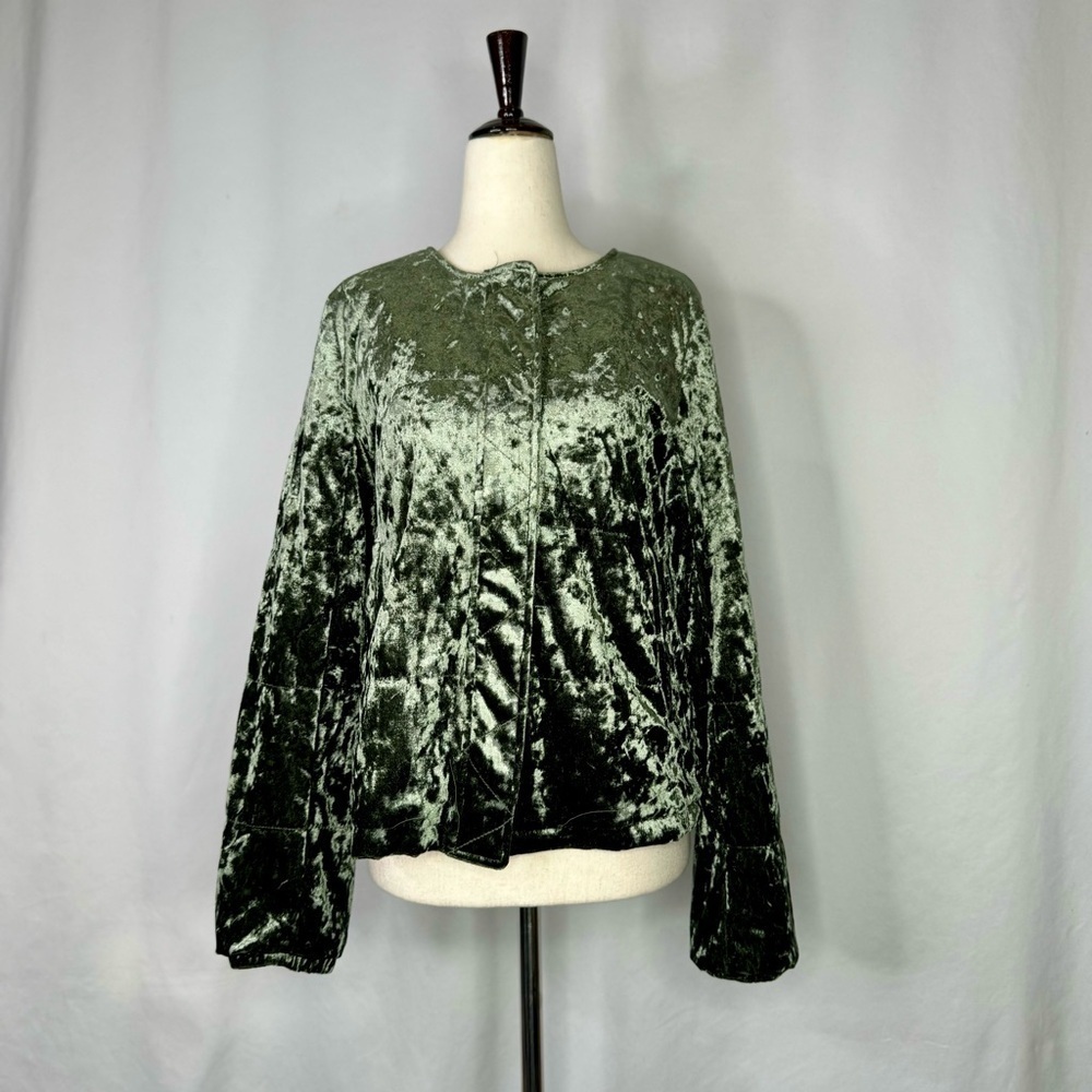 Sanctuary jacket green quilted crushed velvet collarless zip front Small